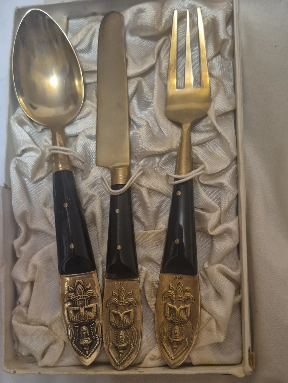 Vintage Siam Bronze Gold-Tone Decorative Serving Set with Black Handles Buddha